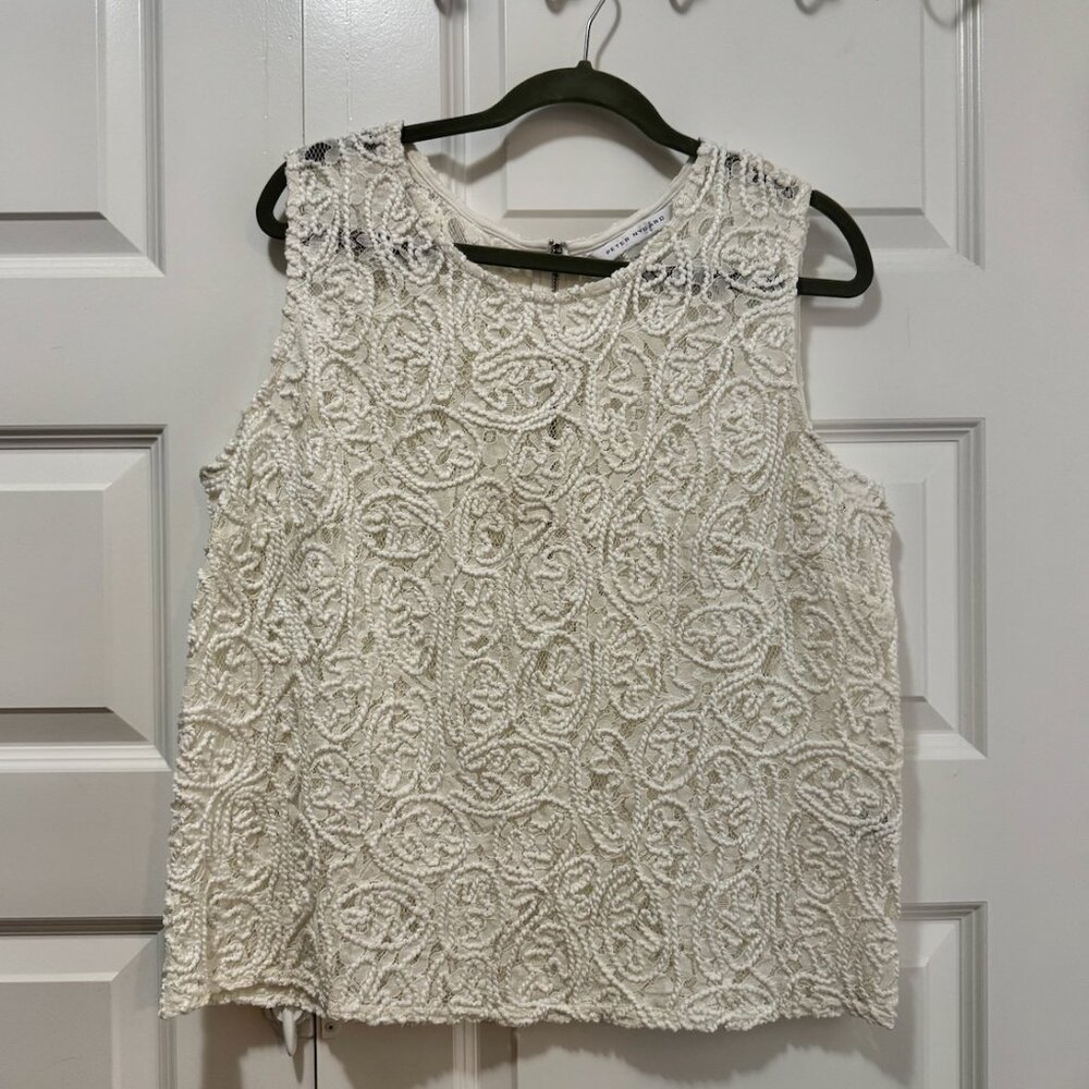 Peter Nygård Cream Lace Sleeveless Blouse – Textured Floral Dressy Top Size 16